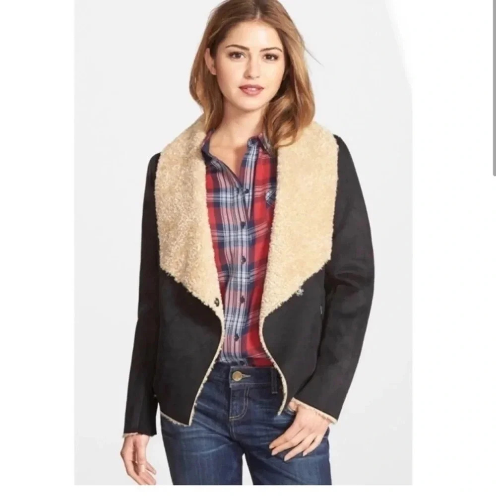 Bernardo Black Faux Suede Shearling FauxFur Sherpa Drape Waterfall Jacket XS